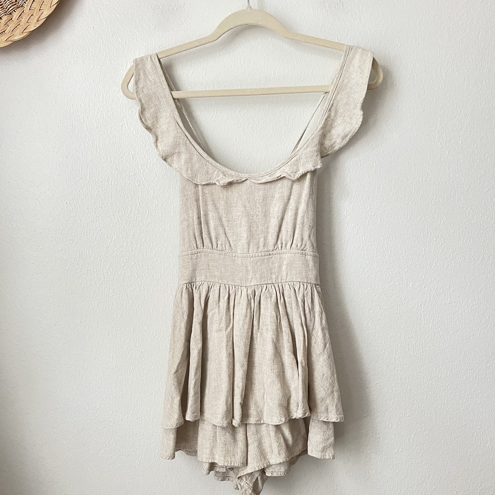 Promesa linen tan low neck ruffle romper layered‎ flirty summer XS neutral